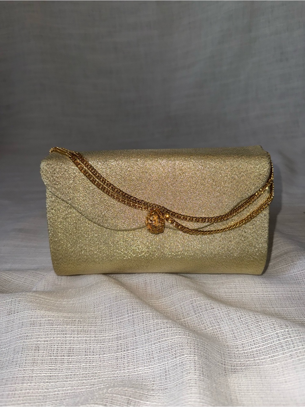 Gold Metallic Evening Clutch with Chain Detail